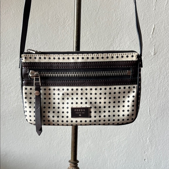 FOSSIL Dawson Black & White Polka Dot Canvas Crossbody Purse Shoulder Bag - Picture 1 of 4